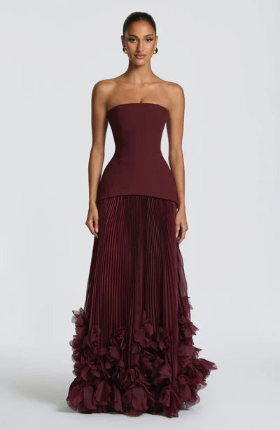 Strapless Corset Gown with Pleated Skirt & 3D Floral Hem Lace-up back Prom Dress
