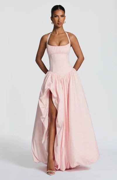 Elegant Pink Halter Prom Dress | Corset Bodice & Balloon Skirt for Formal Events