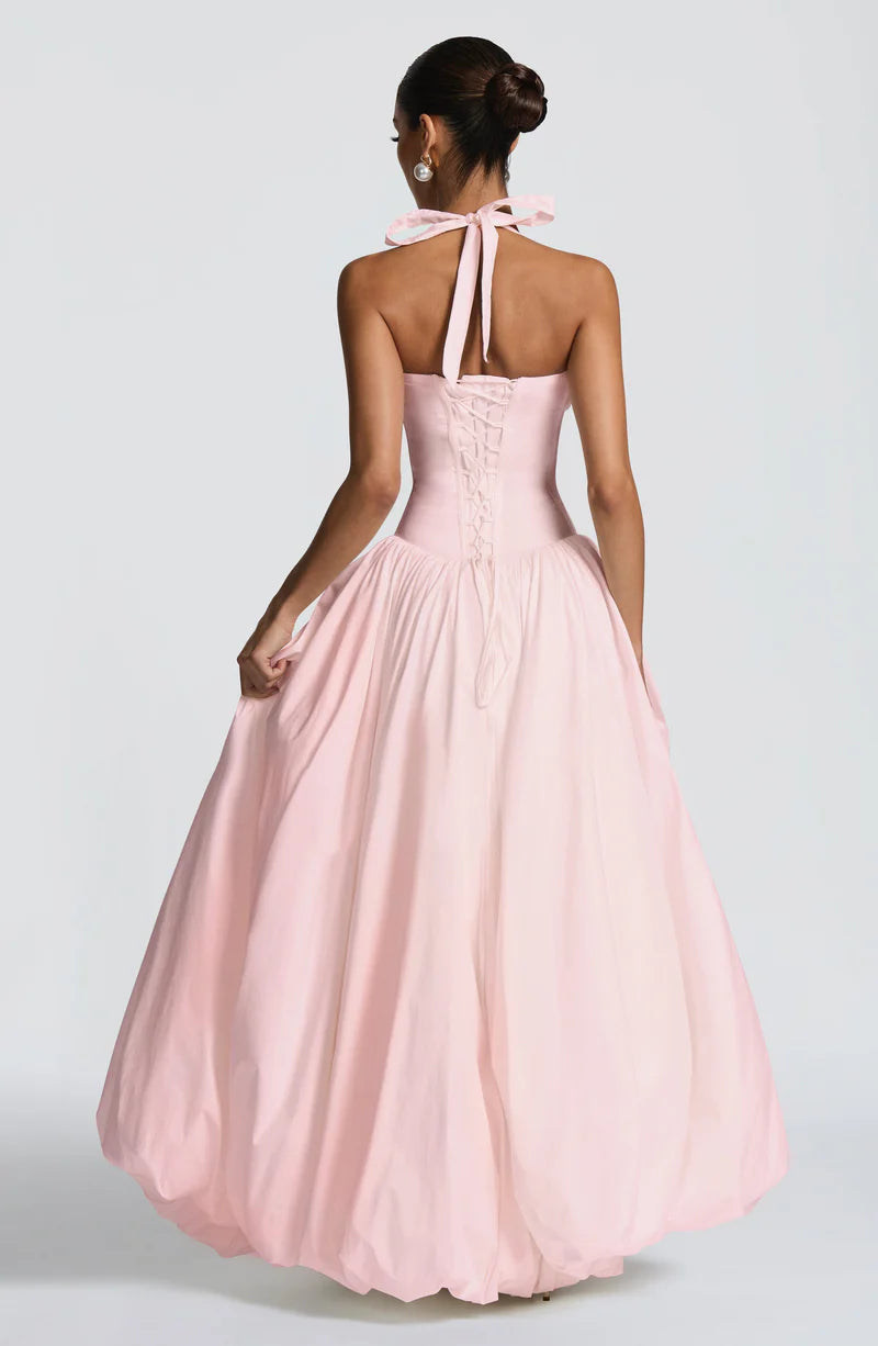 Elegant Pink Halter Prom Dress | Corset Bodice & Balloon Skirt for Formal Events