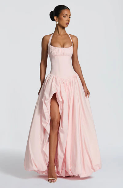 Elegant Pink Halter Prom Dress | Corset Bodice & Balloon Skirt for Formal Events