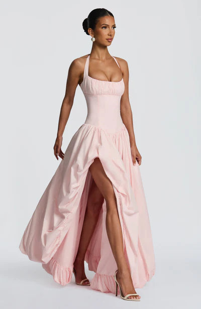 Elegant Pink Halter Prom Dress | Corset Bodice & Balloon Skirt for Formal Events