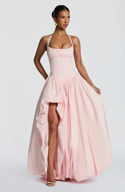 Elegant Pink Halter Prom Dress | Corset Bodice & Balloon Skirt for Formal Events