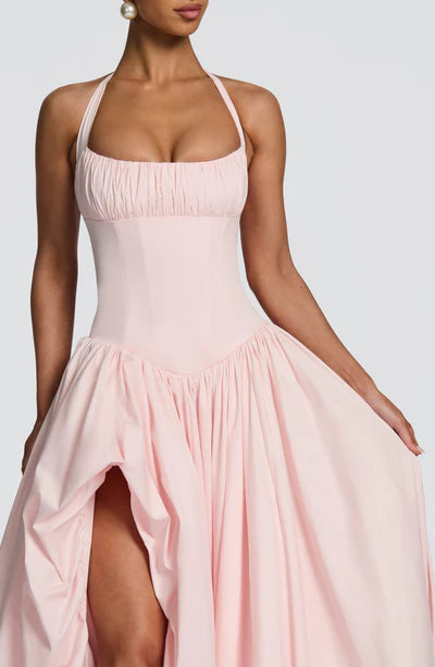 Elegant Pink Halter Prom Dress | Corset Bodice & Balloon Skirt for Formal Events