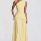 One Shoulder Draped Corset Maxi Gown with Lace-Up Back - Formal Evening & Bridesmaid Dress