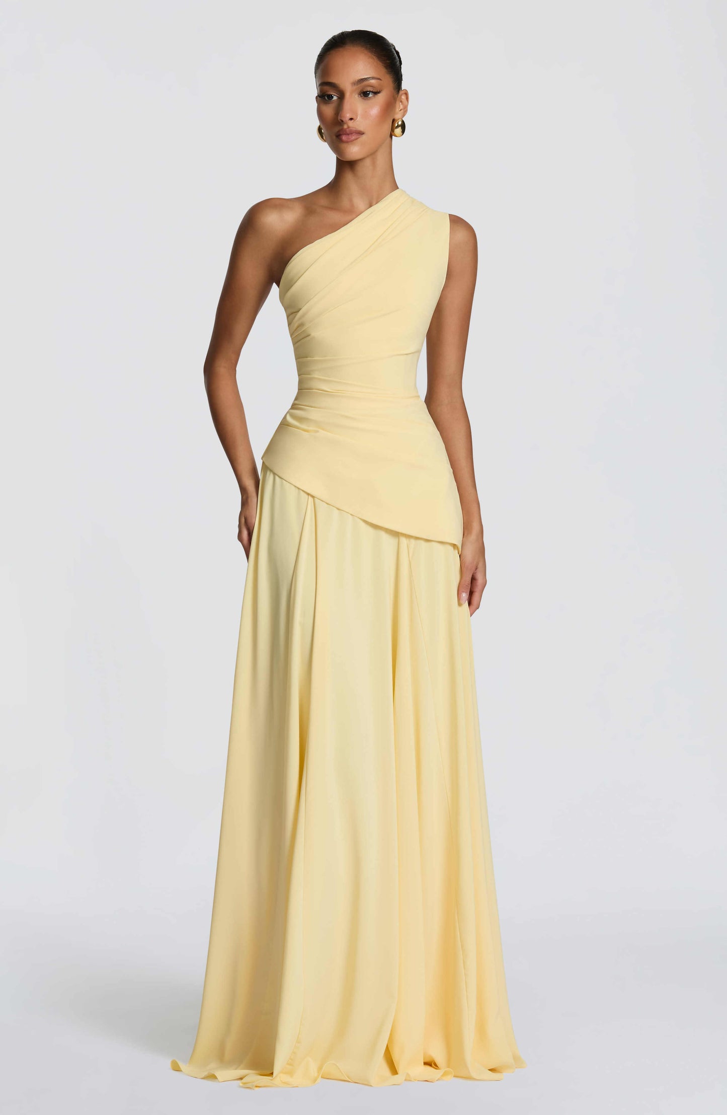 One Shoulder Draped Corset Maxi Gown with Lace-Up Back - Formal Evening & Bridesmaid Dress