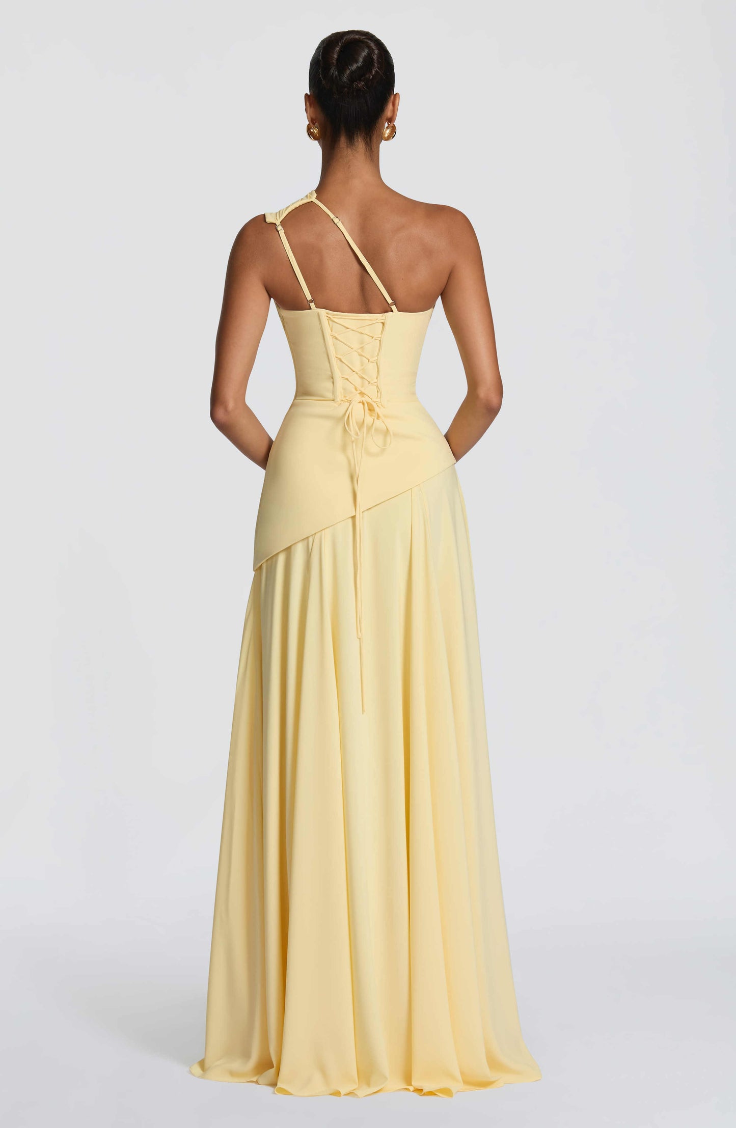 One Shoulder Draped Corset Maxi Gown with Lace-Up Back - Formal Evening & Bridesmaid Dress