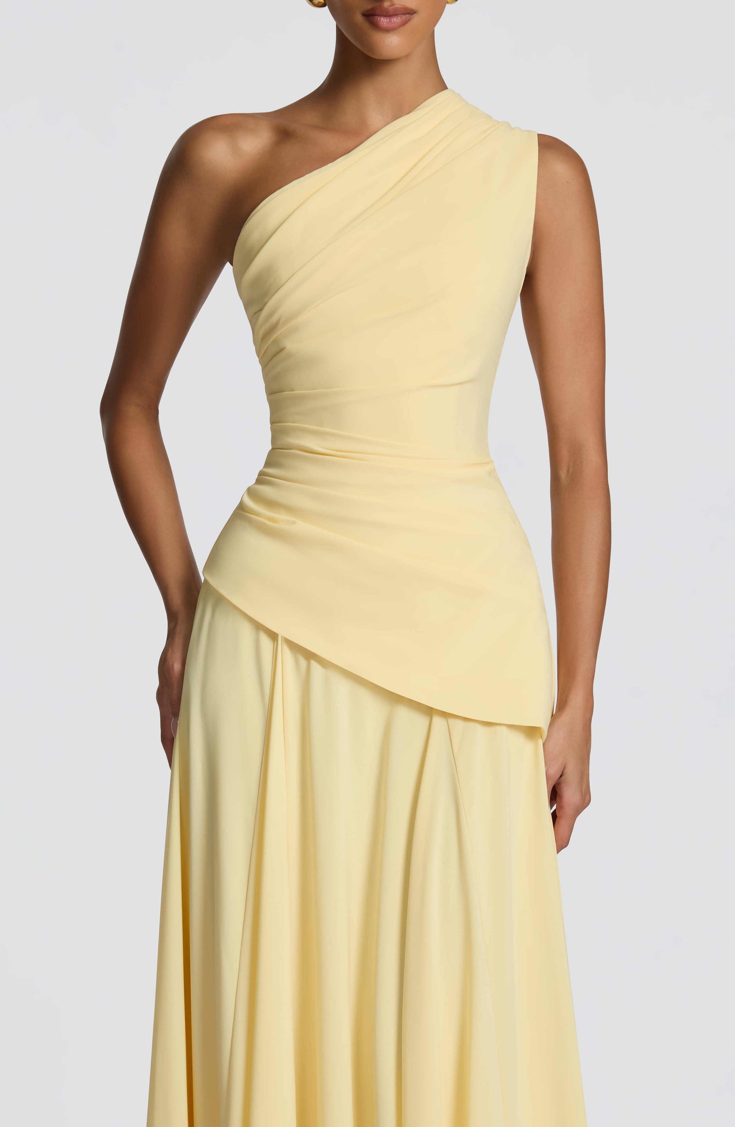 One Shoulder Draped Corset Maxi Gown with Lace-Up Back - Formal Evening & Bridesmaid Dress