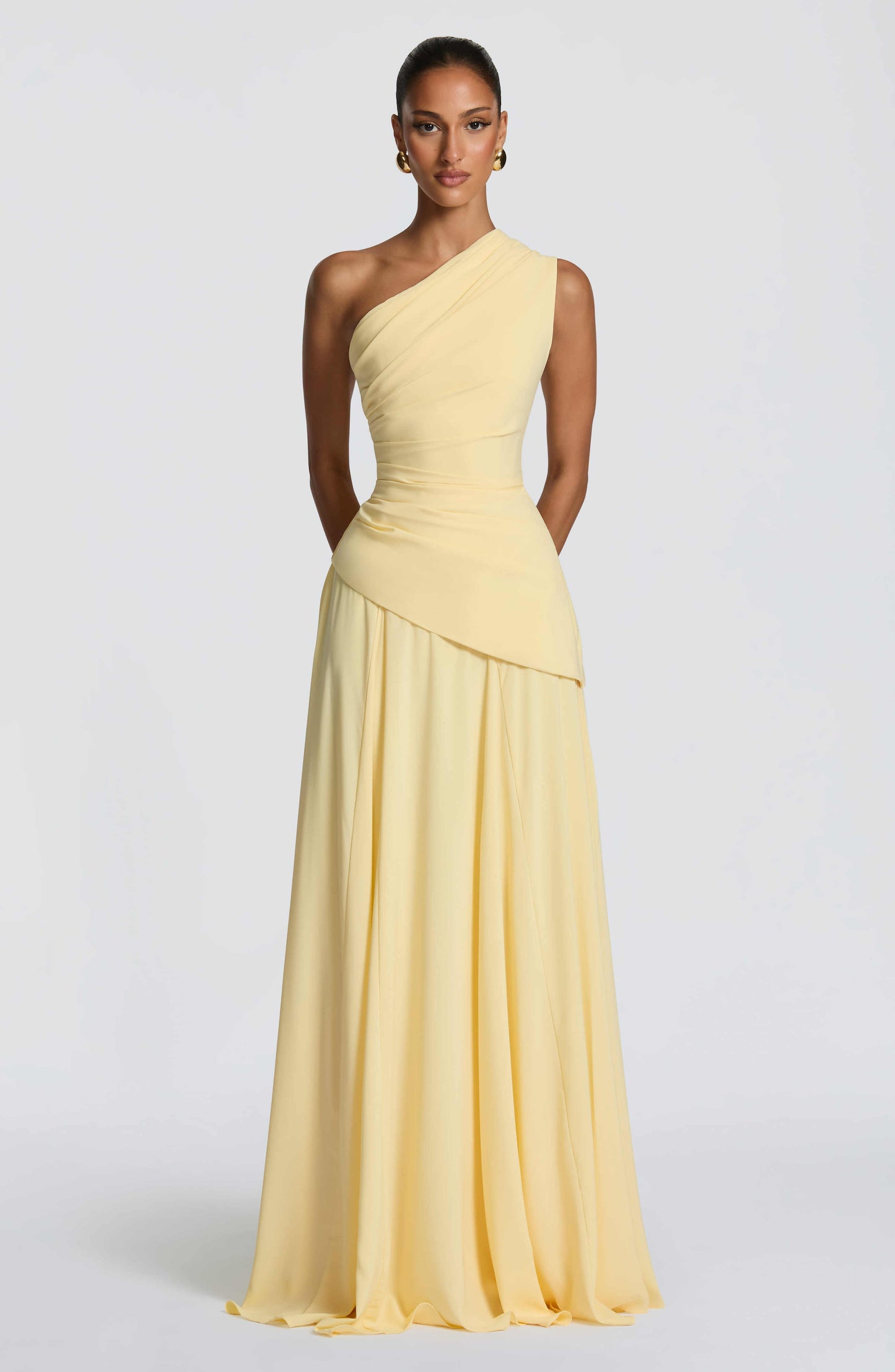 One Shoulder Draped Corset Maxi Gown with Lace-Up Back - Formal Evening & Bridesmaid Dress