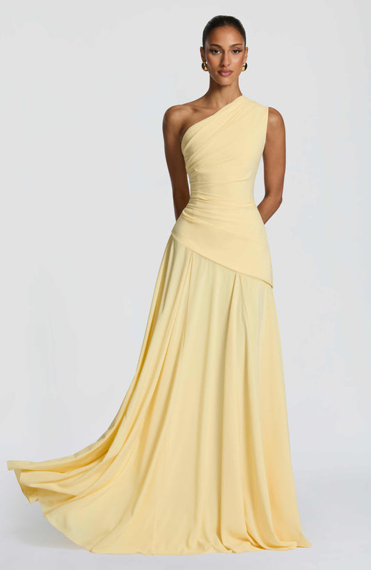 One Shoulder Draped Corset Maxi Gown with Lace-Up Back - Formal Evening & Bridesmaid Dress