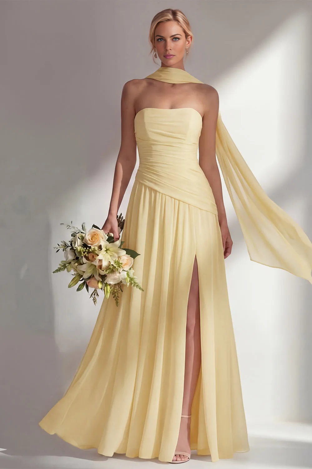 Elegant A-line Strapless Sleeveless Chiffon Floor-Length Ruched Bridesmaid Dress