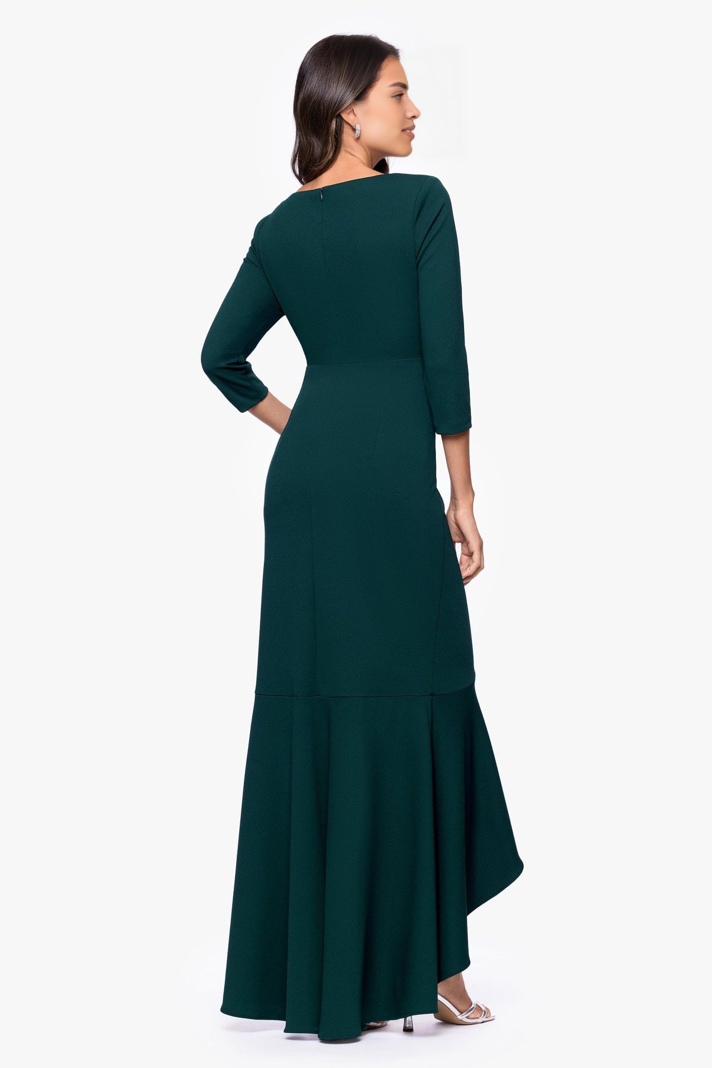 V-Neck 3/4 Sleeve Wrap Waist Ruffle High-Low Crepe Formal Evening Maxi Dress