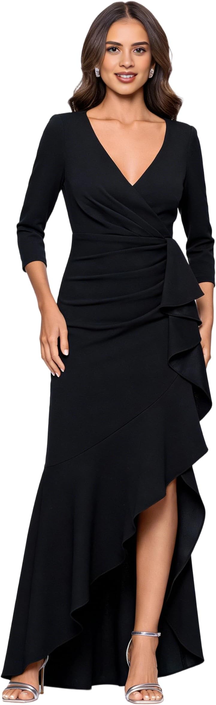 V-Neck 3/4 Sleeve Wrap Waist Ruffle High-Low Crepe Formal Evening Maxi Dress