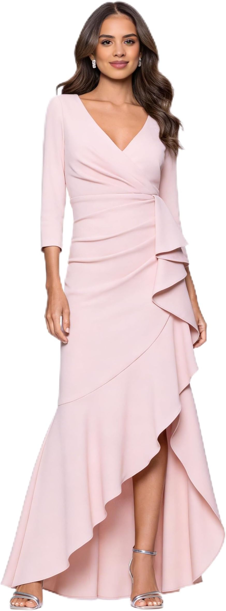 V-Neck 3/4 Sleeve Wrap Waist Ruffle High-Low Crepe Formal Evening Maxi Dress