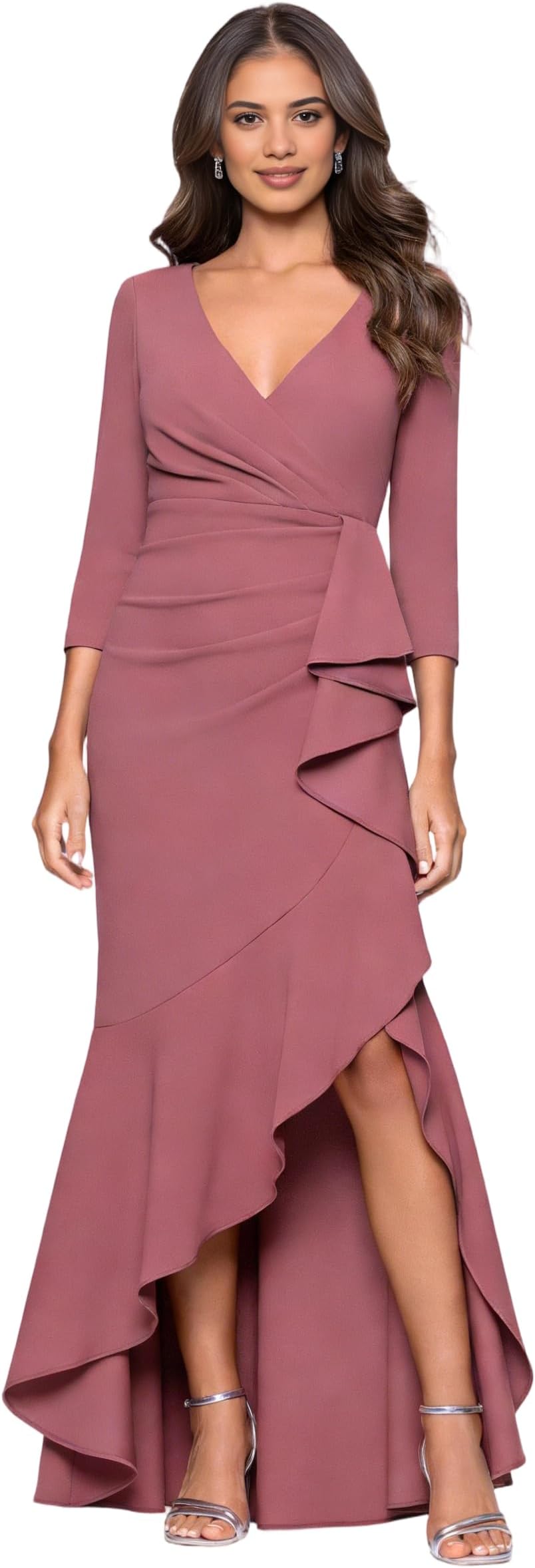 V-Neck 3/4 Sleeve Wrap Waist Ruffle High-Low Crepe Formal Evening Maxi Dress