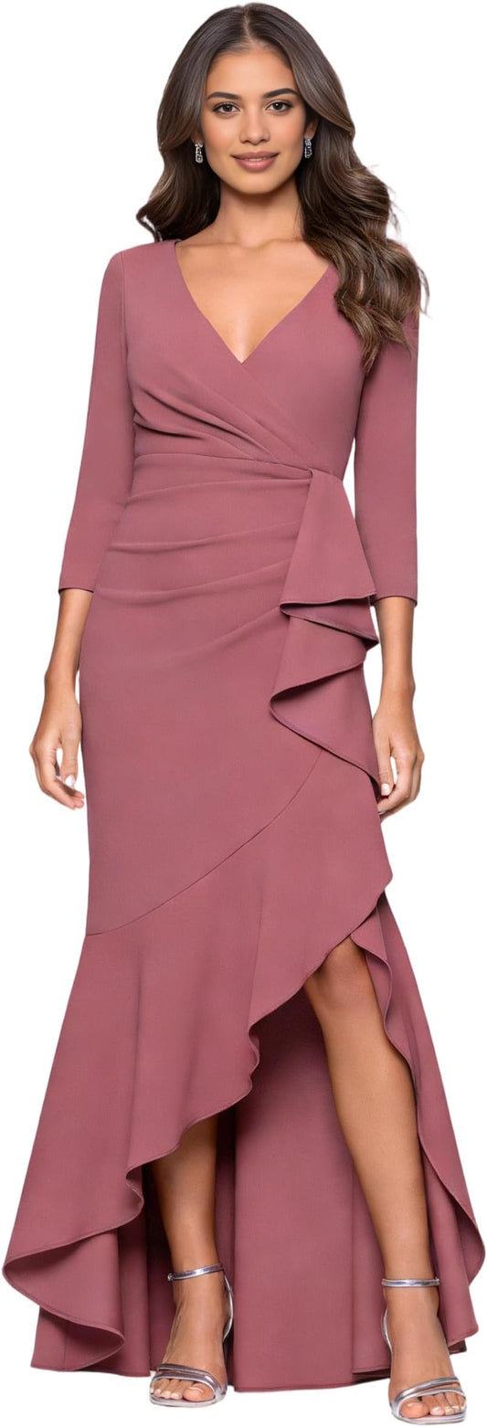 V-Neck 3/4 Sleeve Wrap Waist Ruffle High-Low Crepe Formal Evening Maxi Dress