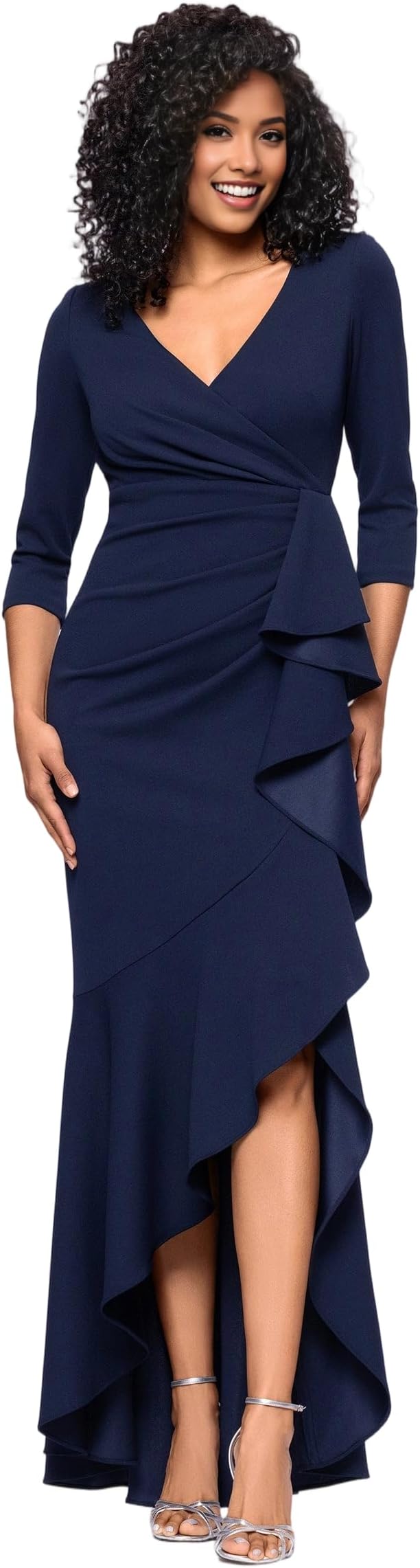 V-Neck 3/4 Sleeve Wrap Waist Ruffle High-Low Crepe Formal Evening Maxi Dress
