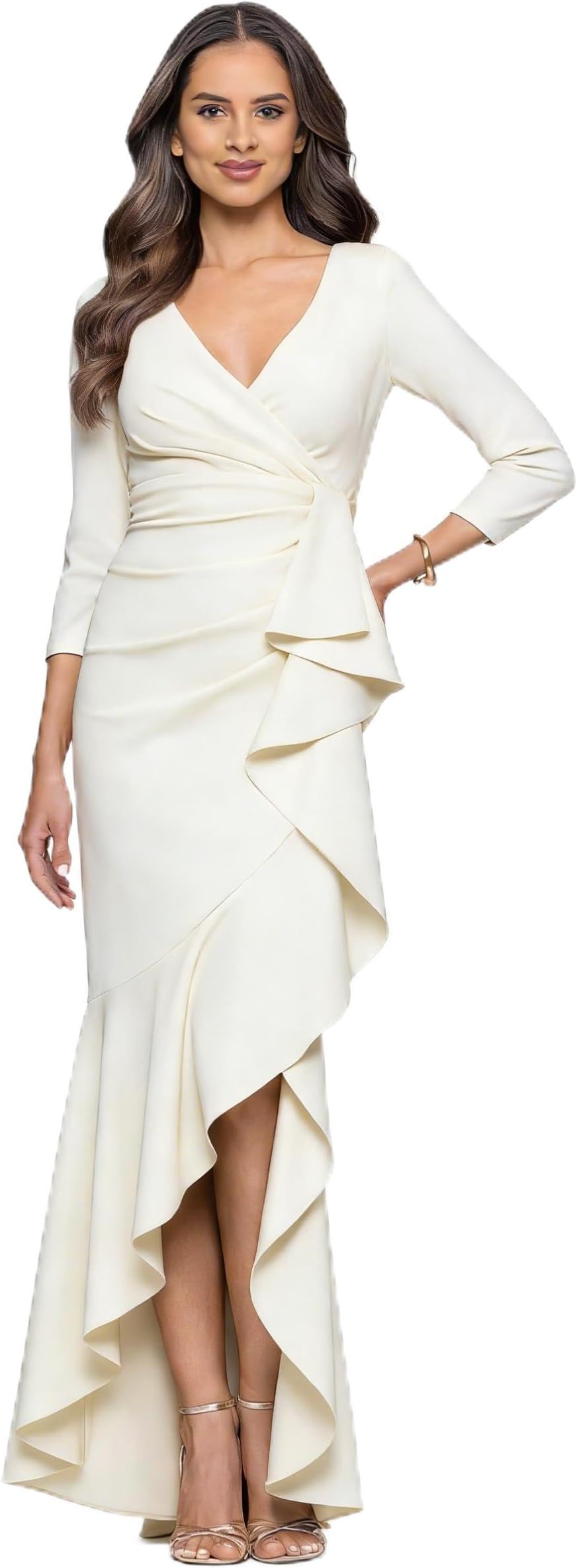 V-Neck 3/4 Sleeve Wrap Waist Ruffle High-Low Crepe Formal Evening Maxi Dress