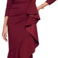 V-Neck 3/4 Sleeve Wrap Waist Ruffle High-Low Crepe Formal Evening Maxi Dress