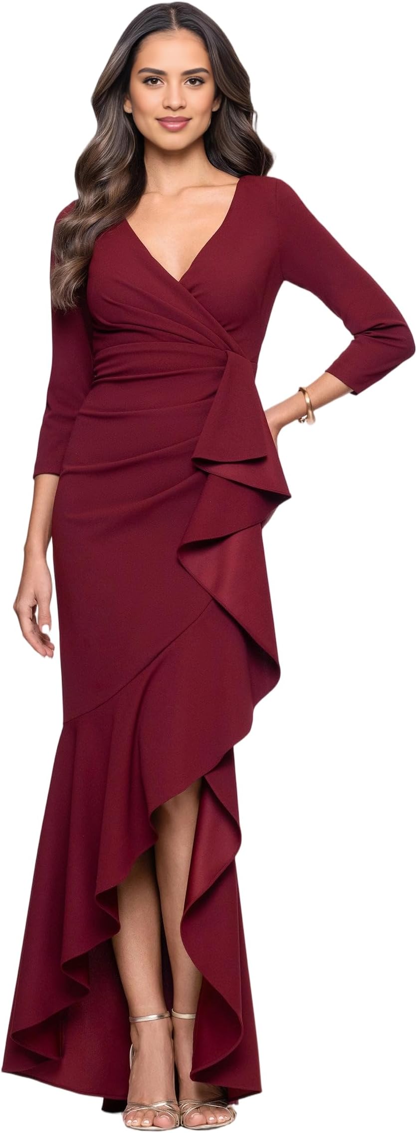 V-Neck 3/4 Sleeve Wrap Waist Ruffle High-Low Crepe Formal Evening Maxi Dress