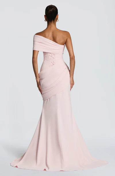 Asymmetrical Off-Shoulder Ruched Corset Back Mermaid Formal Dress with Train