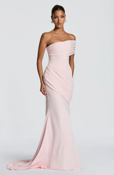Asymmetrical Off-Shoulder Ruched Corset Back Mermaid Formal Dress with Train