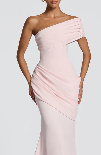 Asymmetrical Off-Shoulder Ruched Corset Back Mermaid Formal Dress with Train