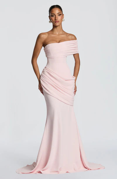 Asymmetrical Off-Shoulder Ruched Corset Back Mermaid Formal Dress with Train
