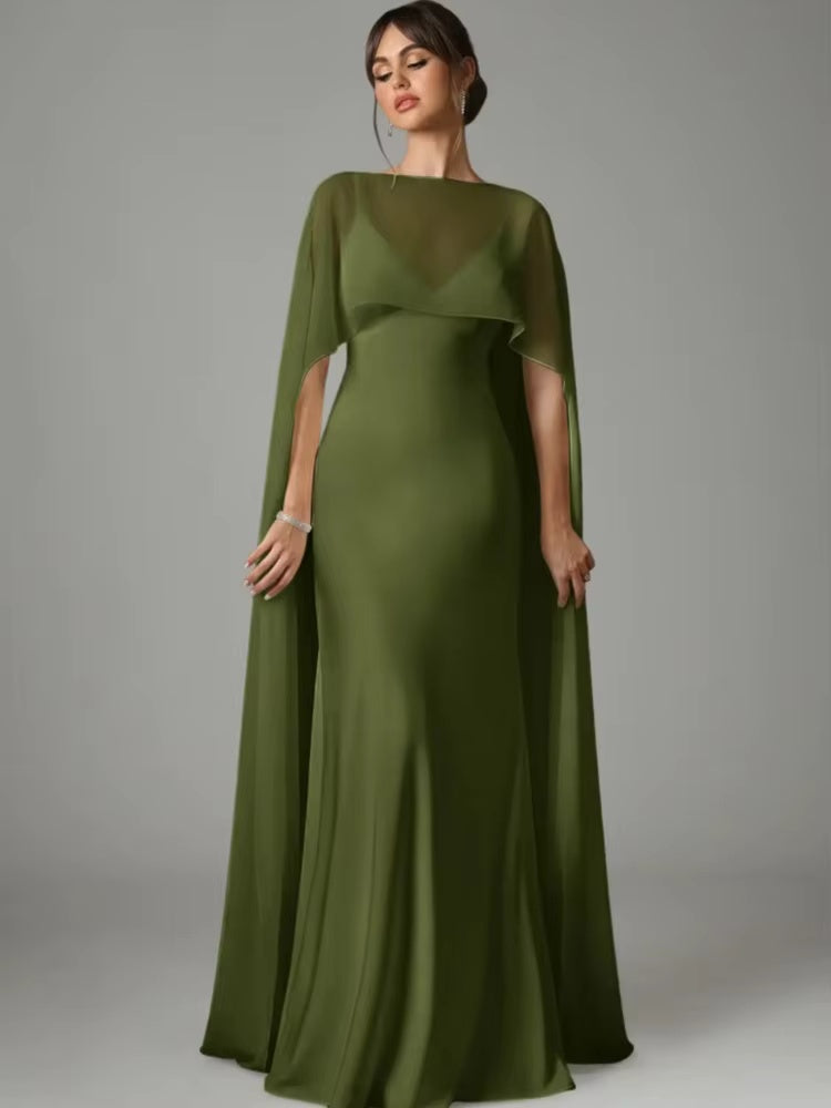 Satin Backless Maxi Dress with Cape Sleeves for Weddings & Black-Tie Events