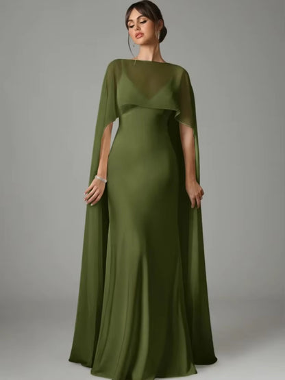 Satin Backless Maxi Dress with Cape Sleeves for Weddings & Black-Tie Events