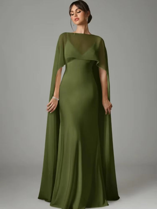 Satin Backless Maxi Dress with Cape Sleeves for Weddings & Black-Tie Events