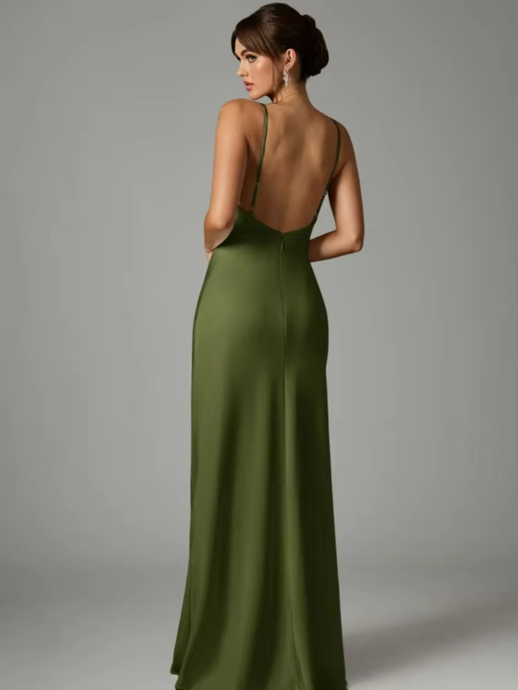Satin Backless Maxi Dress with Cape Sleeves for Weddings & Black-Tie Events