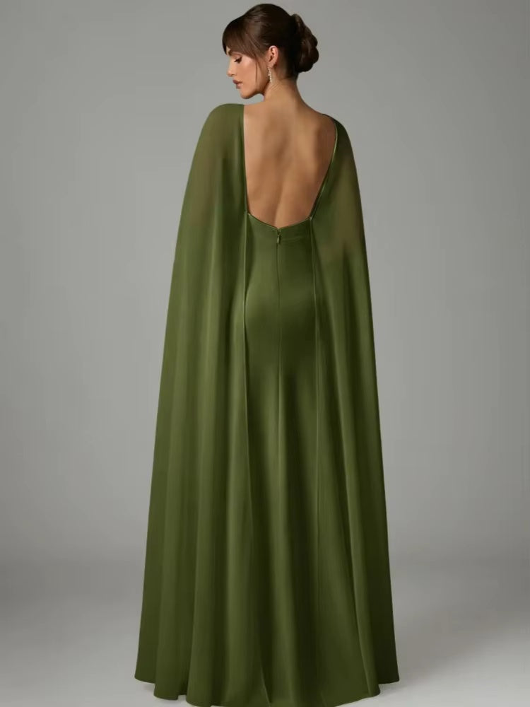 Satin Backless Maxi Dress with Cape Sleeves for Weddings & Black-Tie Events
