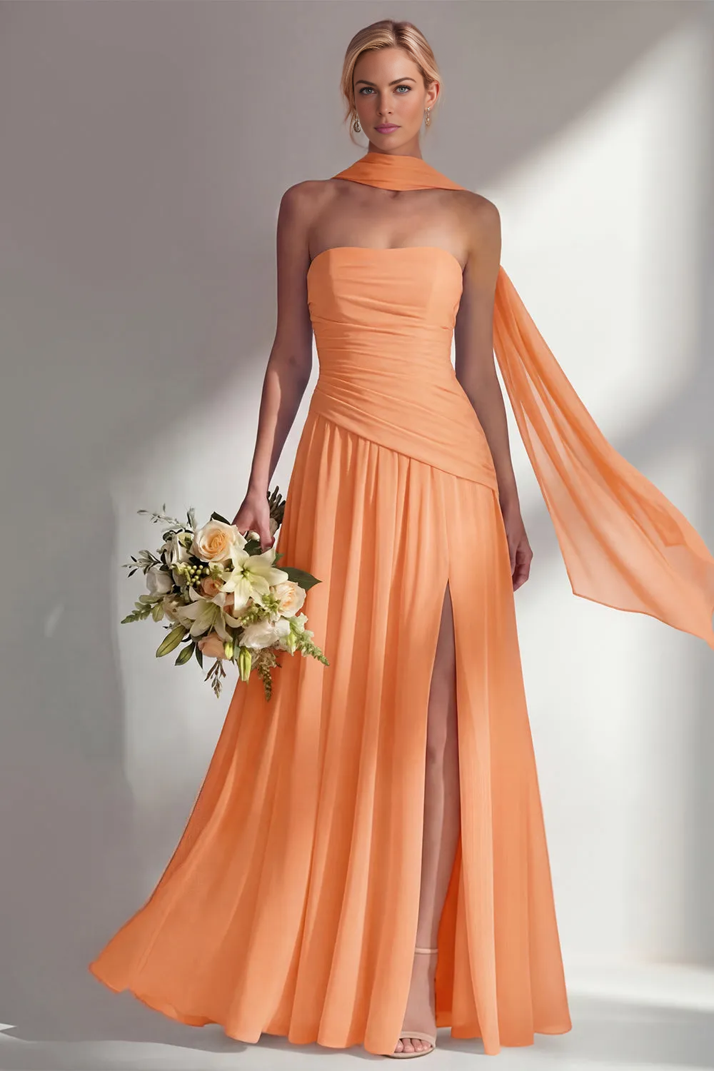 Elegant A-line Strapless Sleeveless Chiffon Floor-Length Ruched Bridesmaid Dress