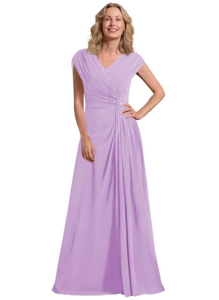 Chiffon A-Line - V-Neck Cap Sleeve Floor-Length Formal Evening Gown