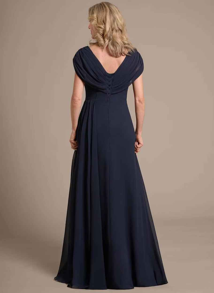 Chiffon A-Line - V-Neck Cap Sleeve Floor-Length Formal Evening Gown