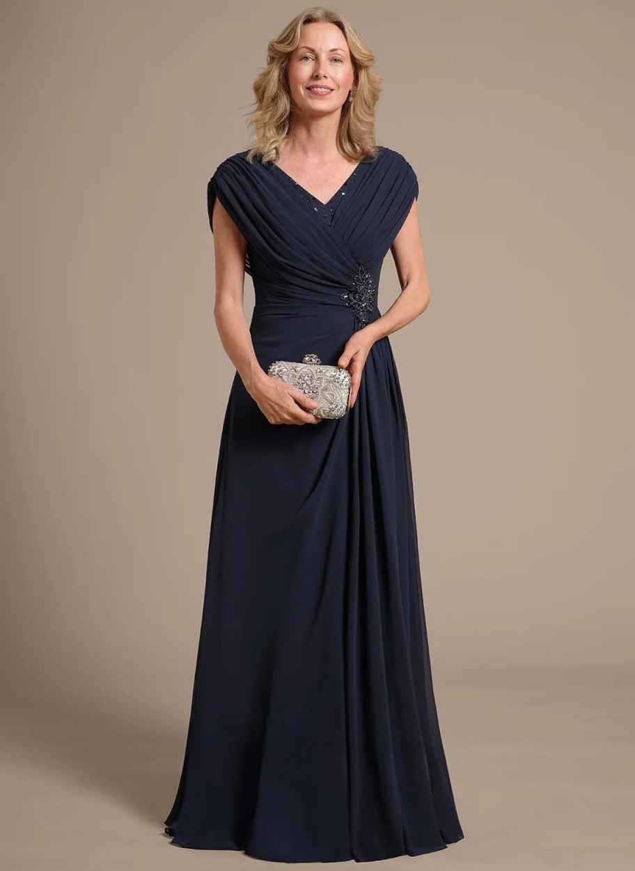 Chiffon A-Line - V-Neck Cap Sleeve Floor-Length Formal Evening Gown