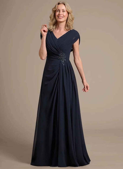 Chiffon A-Line - V-Neck Cap Sleeve Floor-Length Formal Evening Gown