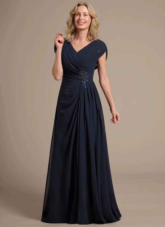 Chiffon A-Line - V-Neck Cap Sleeve Floor-Length Formal Evening Gown