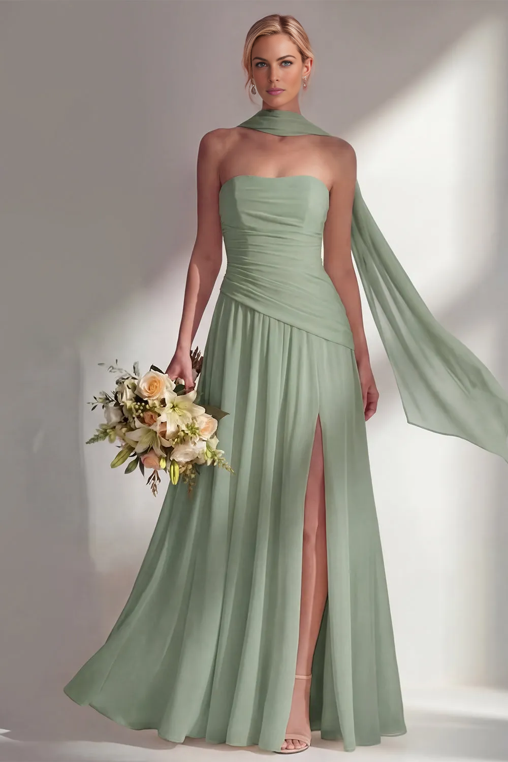 Elegant A-line Strapless Sleeveless Chiffon Floor-Length Ruched Bridesmaid Dress