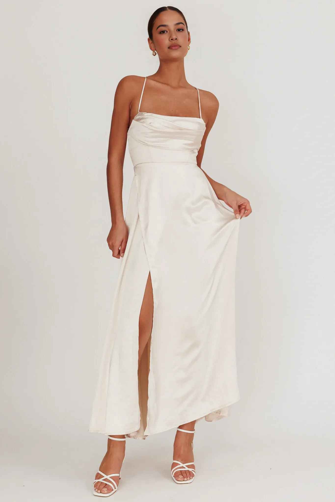 A-Line Cowl-Neck Spaghetti-Strap Satin Floor-Length High-Slit Formal Bridesmaids Dress