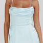 A-Line Cowl-Neck Spaghetti-Strap Satin Floor-Length High-Slit Formal Bridesmaids Dress