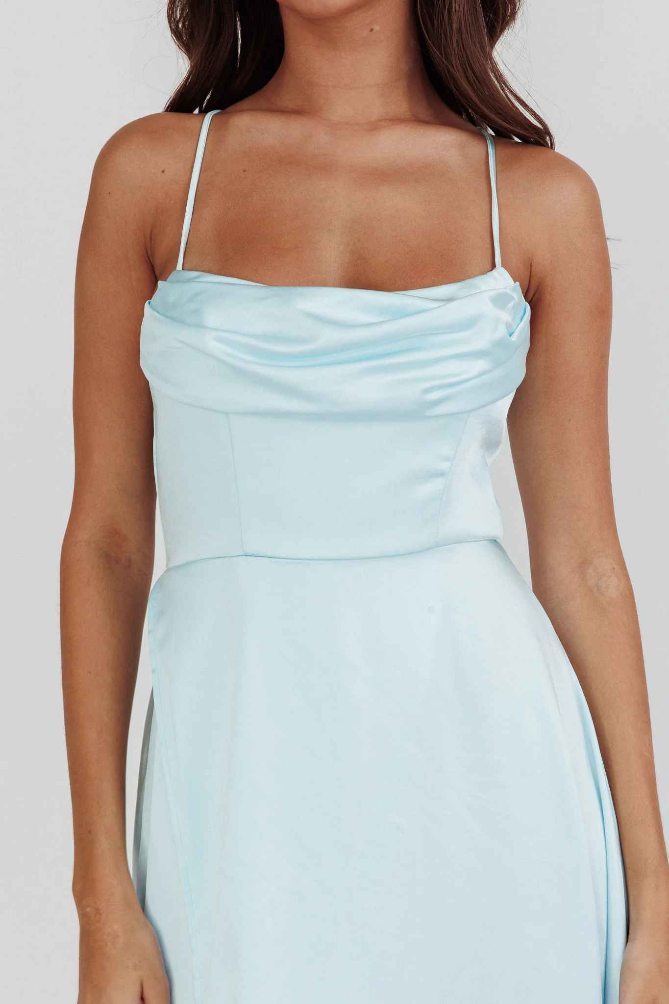 A-Line Cowl-Neck Spaghetti-Strap Satin Floor-Length High-Slit Formal Bridesmaids Dress