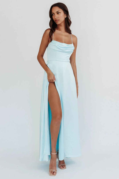 A-Line Cowl-Neck Spaghetti-Strap Satin Floor-Length High-Slit Formal Bridesmaids Dress