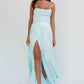 A-Line Cowl-Neck Spaghetti-Strap Satin Floor-Length High-Slit Formal Bridesmaids Dress