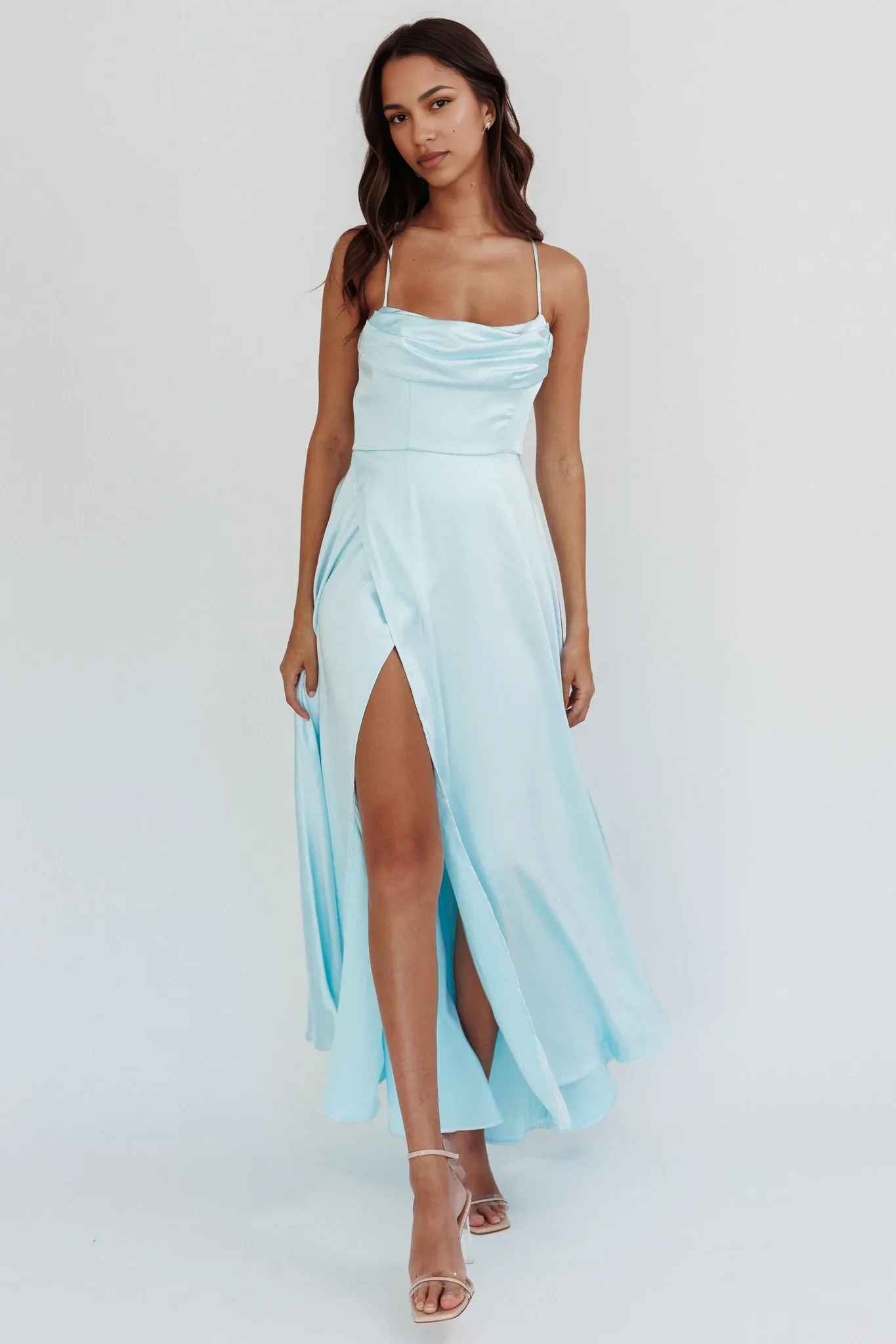 A-Line Cowl-Neck Spaghetti-Strap Satin Floor-Length High-Slit Formal Bridesmaids Dress
