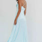 A-Line Cowl-Neck Spaghetti-Strap Satin Floor-Length High-Slit Formal Bridesmaids Dress