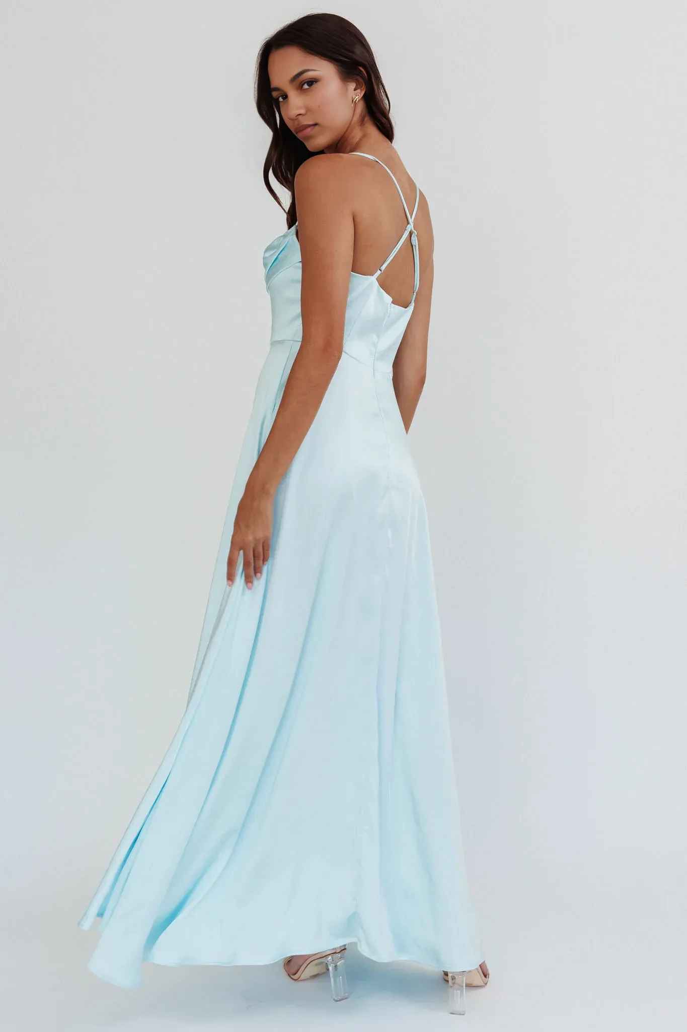 A-Line Cowl-Neck Spaghetti-Strap Satin Floor-Length High-Slit Formal Bridesmaids Dress