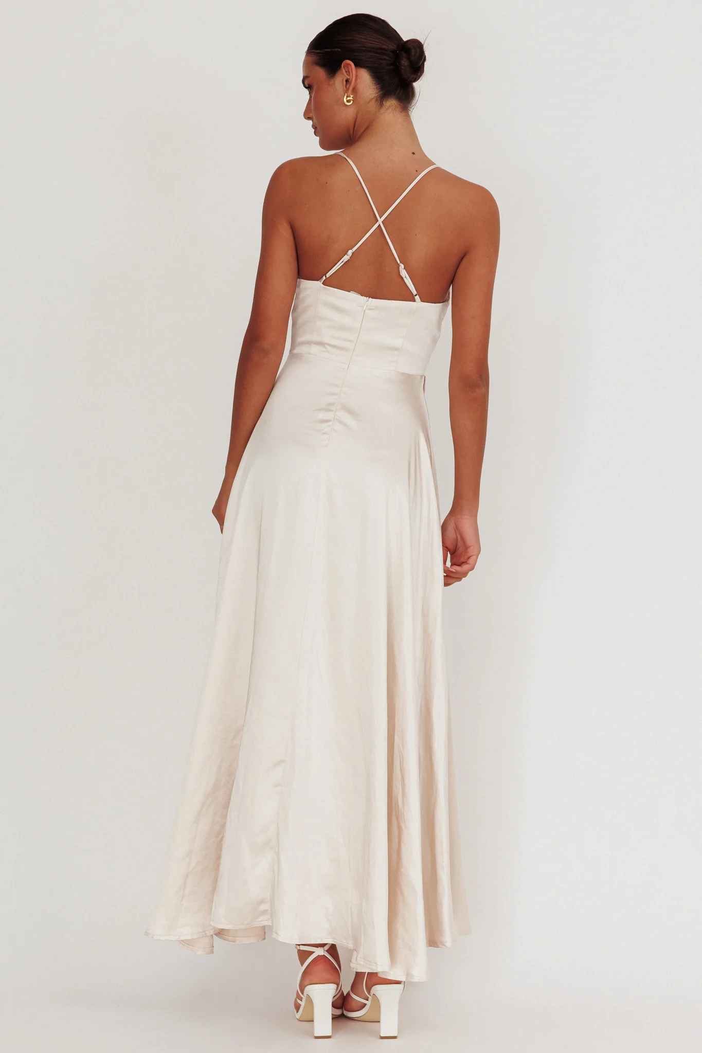 A-Line Cowl-Neck Spaghetti-Strap Satin Floor-Length High-Slit Formal Bridesmaids Dress