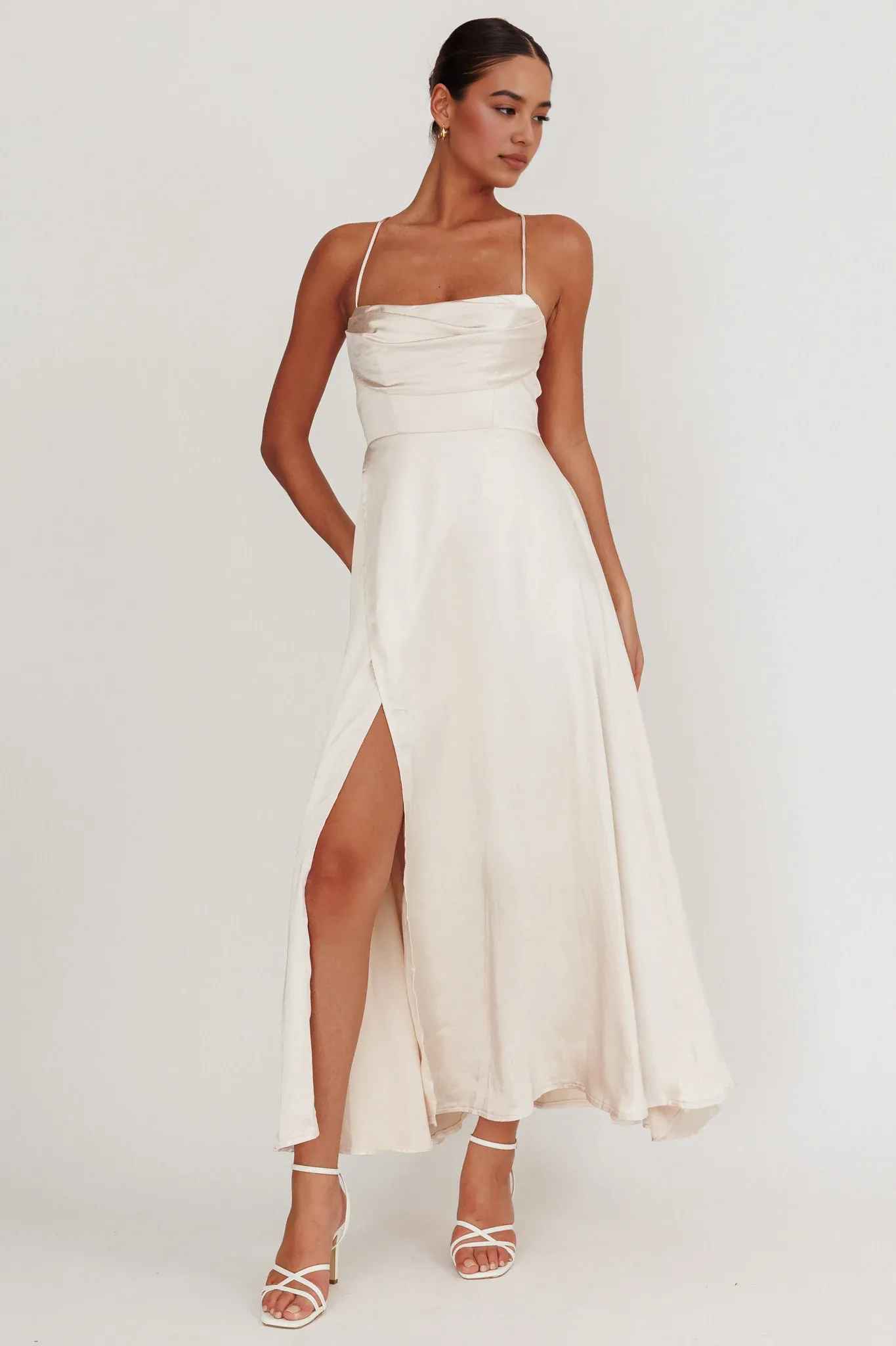 A-Line Cowl-Neck Spaghetti-Strap Satin Floor-Length High-Slit Formal Bridesmaids Dress
