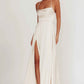A-Line Cowl-Neck Spaghetti-Strap Satin Floor-Length High-Slit Formal Bridesmaids Dress